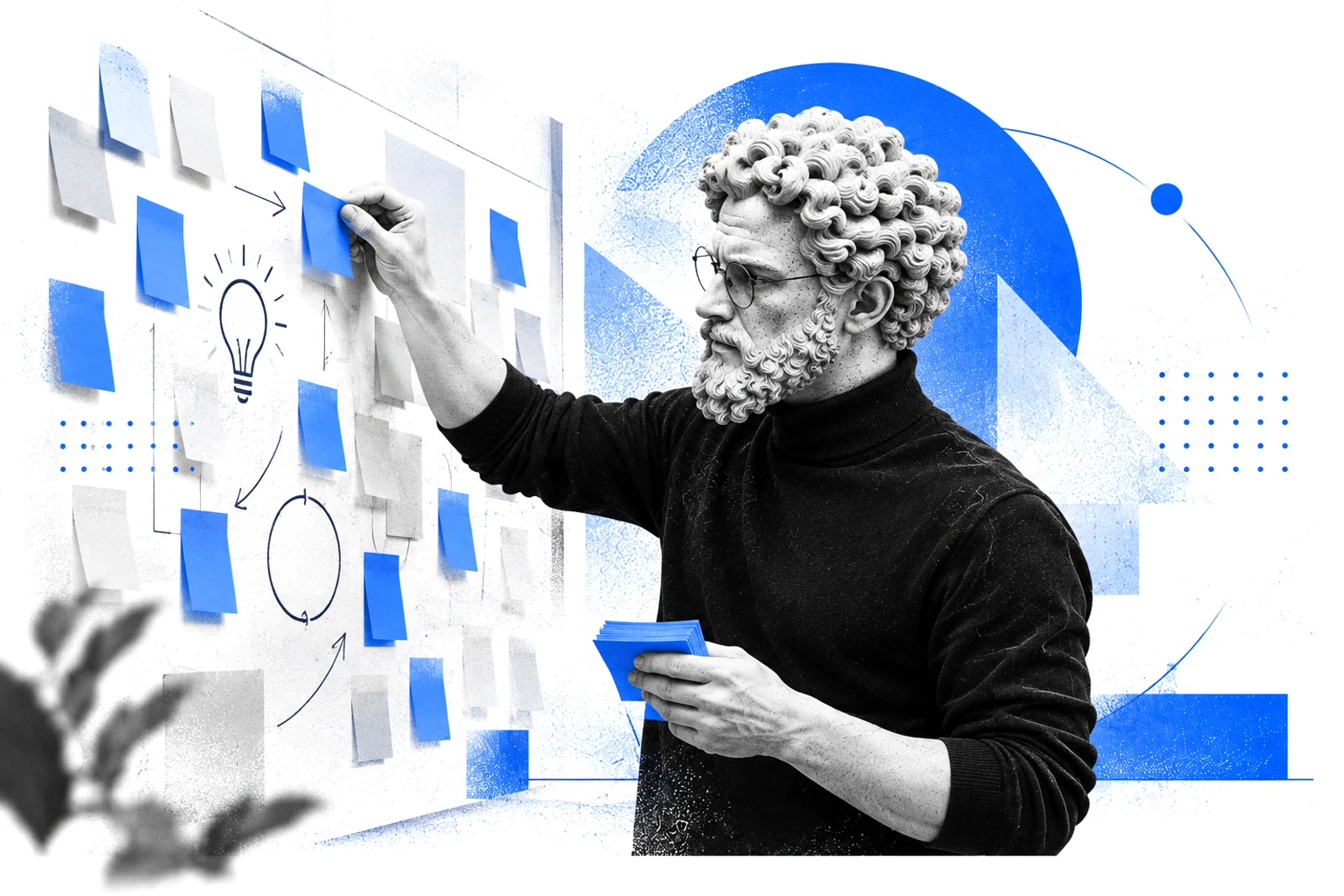 A bearded classical statue in a black turtleneck placing blue sticky notes on a wall of ideas, arrows and a light bulb