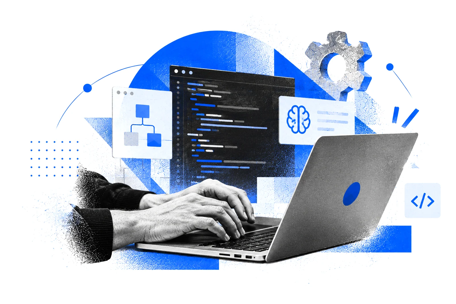 Hands typing on a laptop in front of code, a workflow diagram, a brain icon and a gear