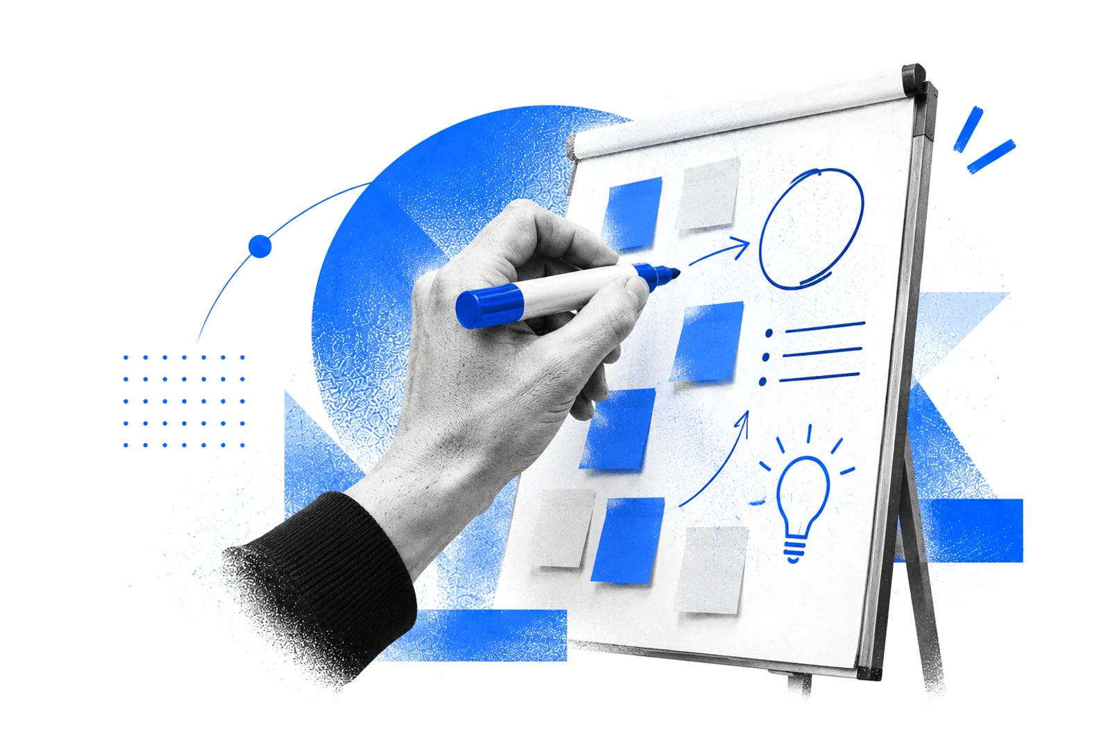 A hand drawing on a flip chart covered in blue and grey sticky notes, arrows and a light bulb